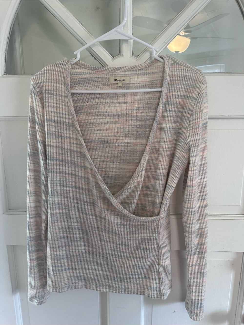 Madewell Ribbed Wrap-Front Sweater in Cream, Pink, Gray
